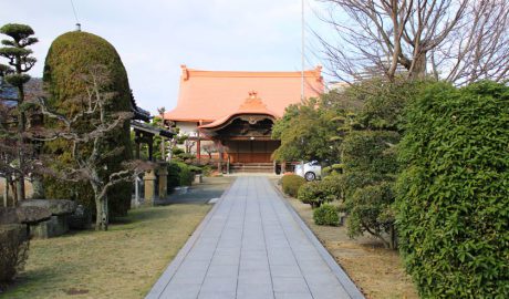 唐人町にある成道寺の外観です。山門から真っすぐのびた道の先に橙色の屋根をした本殿があります。道の両側には緑の木々が植えられています。