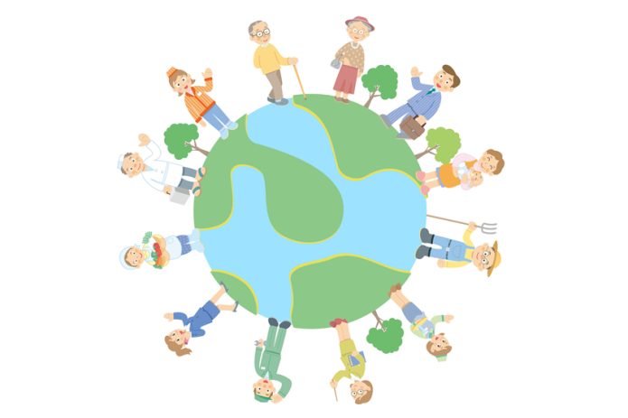 たくさんの人たちが協力して手をつないでいます