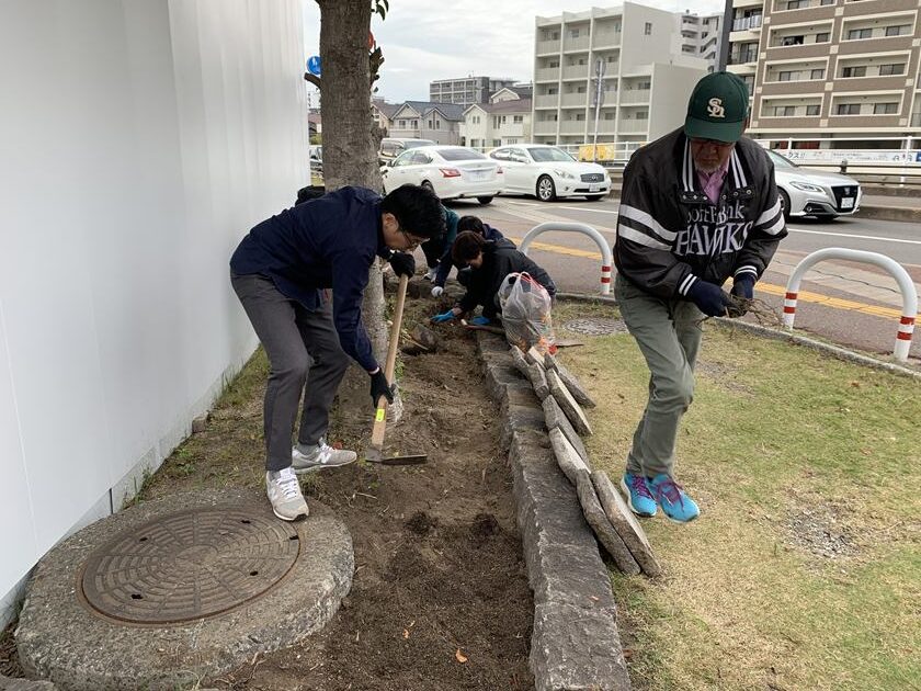 ホークスとうじん通りガーデンを地域のみなさんで花植えをしているところです